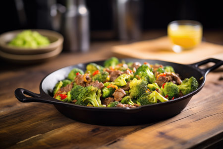 sizzling beef and broccoli skillet on a rustic tableの素材
