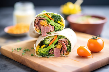 beef and broccoli inside a wrap with sauce drizzledの素材