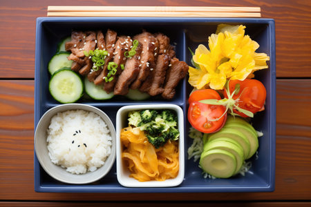 top-down shot of beef teriyaki in a bento box with sidesの素材