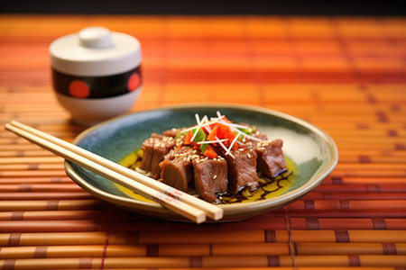 beef teriyaki with chopsticks and sake cup on bamboo matの素材