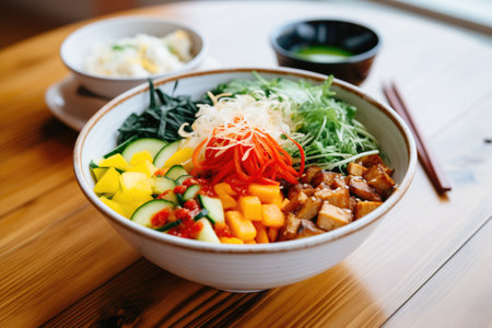 bibimbap bowl with sliced fruits on topの素材