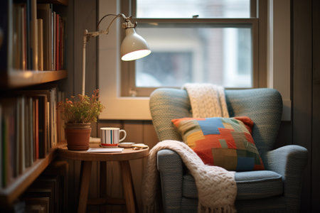 cozy reading nook with a lamp and a pile of booksの素材