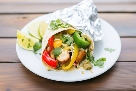 breakfast burrito with eggs, sausage, and peppers, foil-wrappedの素材