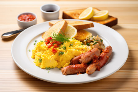platter with sausages, scrambled eggs, and toastの素材