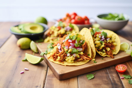tacos with barbecued pulled pork and scrambled eggs spilling outの素材