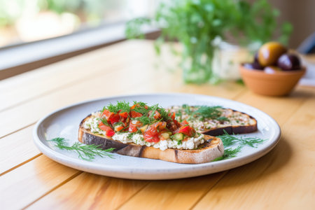 bruschetta with an eggplant slice and ricotta, herbs sprinkled aroundの素材