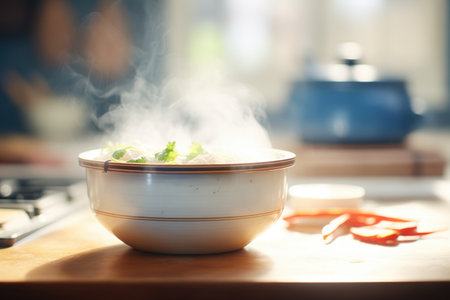 steaming bowl of bun cha in natural daylightの素材