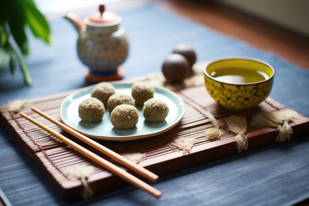cacao date balls on bamboo mat with green teaの素材