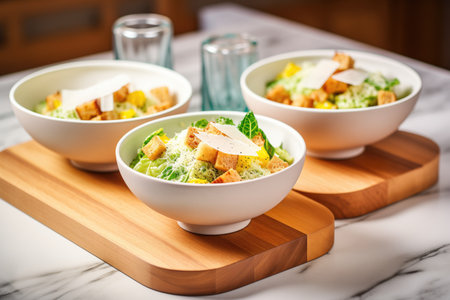 bowls of caesar salad with croutons and parmesan shavingsの素材