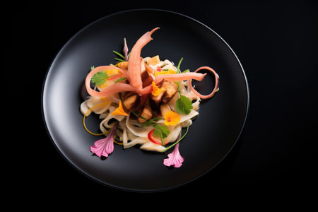 black ceramic plate with elegant arrangement of squid cevicheの素材