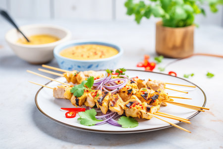 grilled chicken satay on skewers with peanut sauceの素材