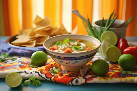 freshly made soup beside a stack of tortillas and limesの素材