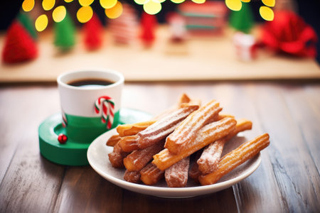 festive churros with chocolate in holiday themeの素材