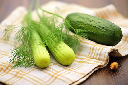 handpicked dill and cucumber on rustic clothの素材