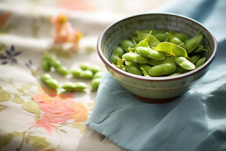 fresh edamame spread on linen cloth, natural daylightの素材