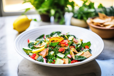 bowl of fattoush with a sprinkle of sumac, lemon besideの素材