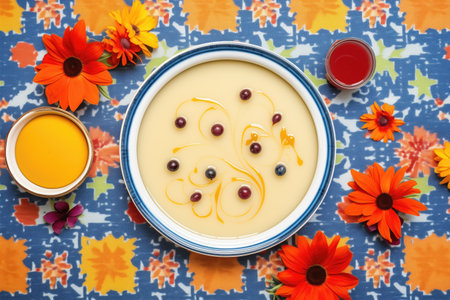 overhead shot of flan surrounded by fresh berriesの素材