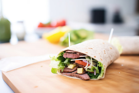 half-eaten flaxseed wrap showing texture, on a white napkinの素材