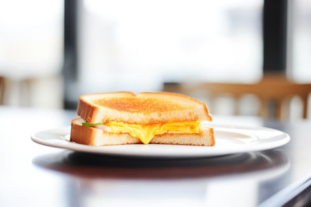 close-up of a grilled cheese sandwich on a white plateの素材