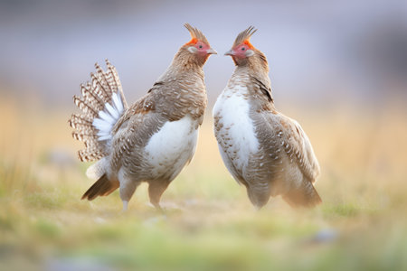 male grouse displaying to female in grasslandの素材