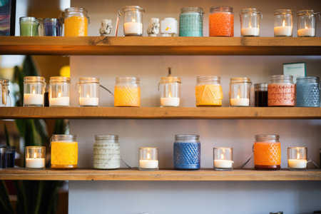 glass jars filled with handmade candles on shelvesの素材