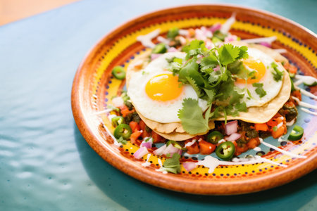 colorful plate of huevos rancheros with fresh cilantro garnishの素材