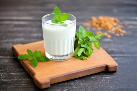 glass of kefir with mint leaves on a slate coasterの素材