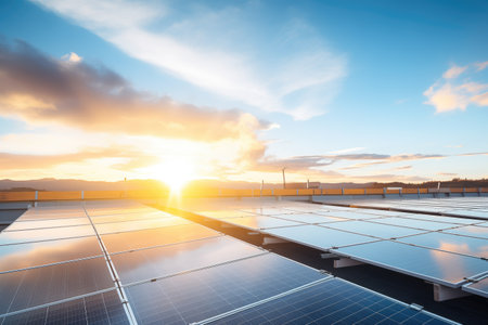 rows of photovoltaic panels at sunsetの素材