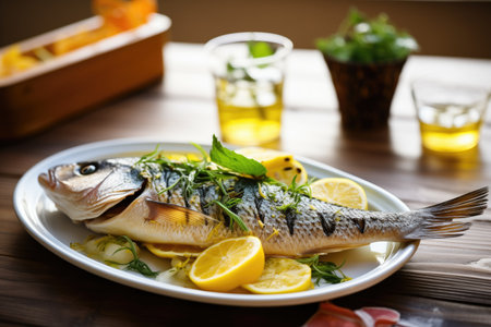 whole grilled sea bass with lemon slices and herbsの素材