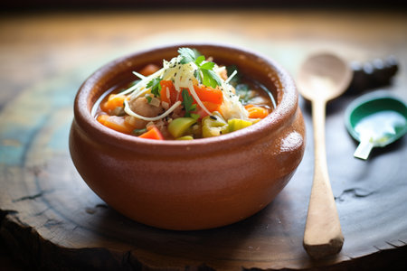 personal-sized minestrone in a bread bowl, spoon on sideの素材