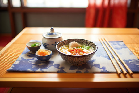 traditional japanese setting, miso soup with tatami matの素材