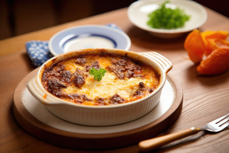 freshly baked moussaka in a ceramic dish on a dark wood tableの素材