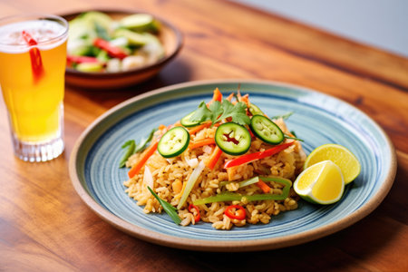 nasi goreng with side of pickled vegetables, focus on textureの素材