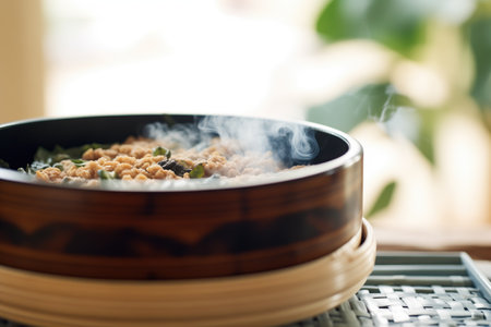 steaming natto in bamboo steamer for a warm dishの素材