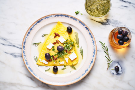 keto omelette with feta, olives, on marble surfaceの素材