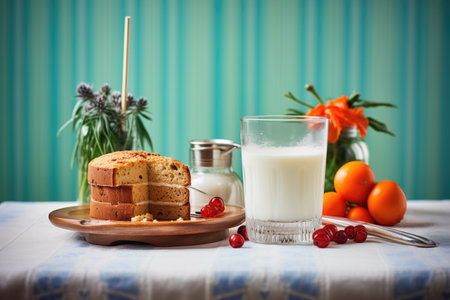 fresh panettone with a glass of milk, breakfast sceneの素材