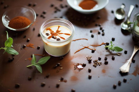 espresso panna cotta, coffee beans scattered aroundの素材