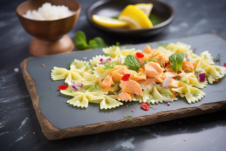 pasta salad with salmon flakes and lemon wedges, on a slate platterの素材