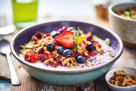 close angle of berry porridge with a sprinkle of granola on topの素材