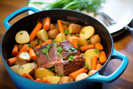 pot roast in a dutch oven surrounded by carrots and potatoesの素材