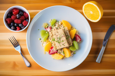 overhead shot of scrambled tofu with a side of fruit saladの素材