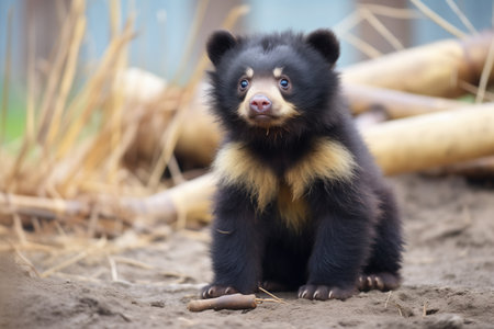 fluffy spectacled bear cub looking curiously at cameraの素材