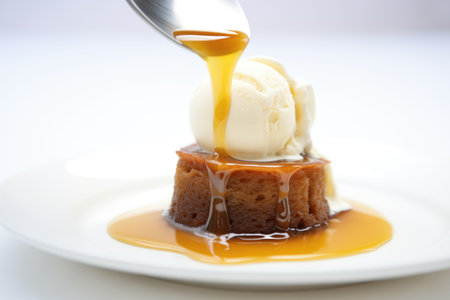 close-up of sticky toffee pudding with vanilla ice cream scoopの素材