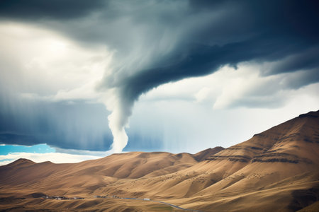 dark funnel cloud forming above a mountain ridgeの素材
