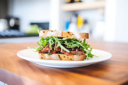 artisan sandwich with tapenade, sundried tomatoes, arugulaの素材
