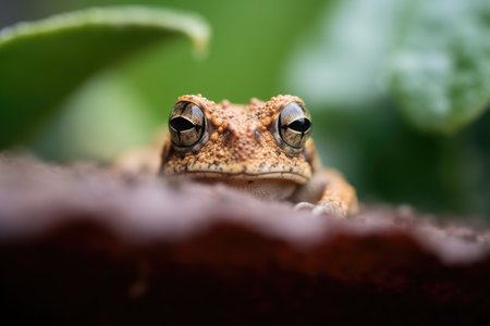toad peering from behind a shaded plantの素材