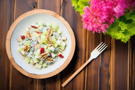 overhead shot of waldorf salad on rustic wood with chopped walnutsの素材