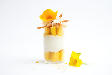 parfait with mango chunks, coconut flakes, on white backgroundの素材