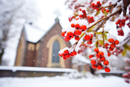 crimson berries on branches near a snowy church wallの素材