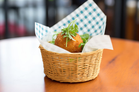 arancini in a basket lined with checkered paperの素材